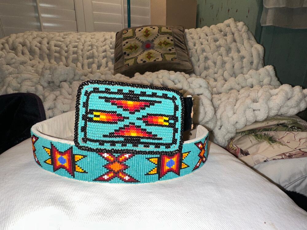 VINTAGE NATIVE TURQUOISE BEADED LEATHER BELT & MATCHING BUCKLE